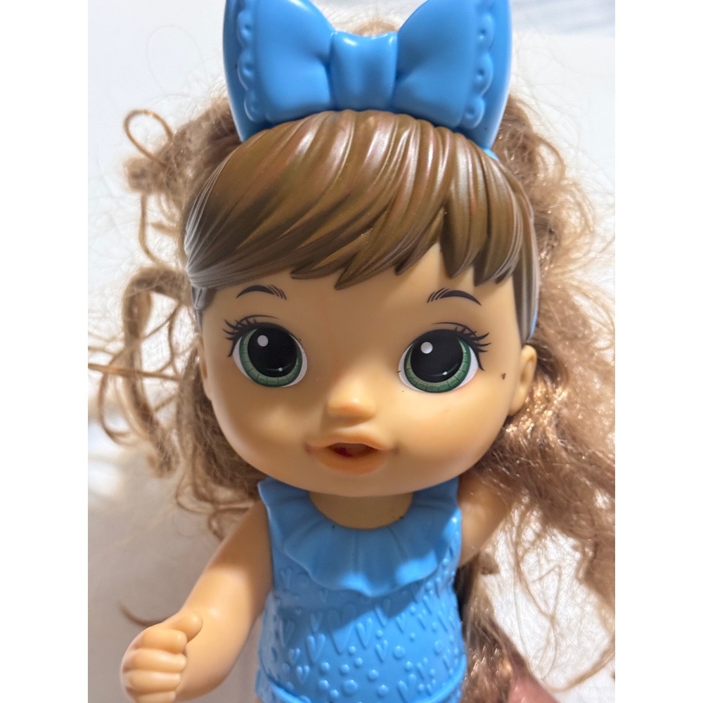Baby Alive Lil Splashers Brown Hair Doll Blue Swimsuit Bow Headband Toy